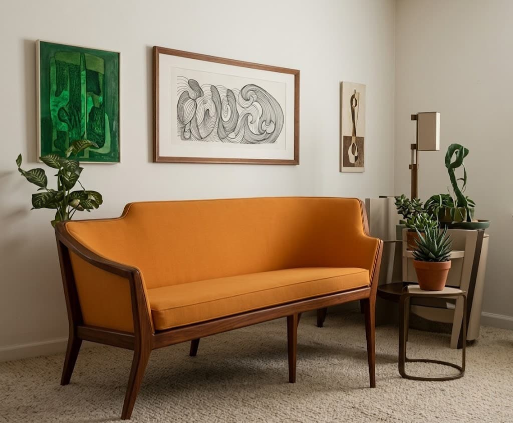 Mid-century orange sofa with art — Mid-Century Modern Finds